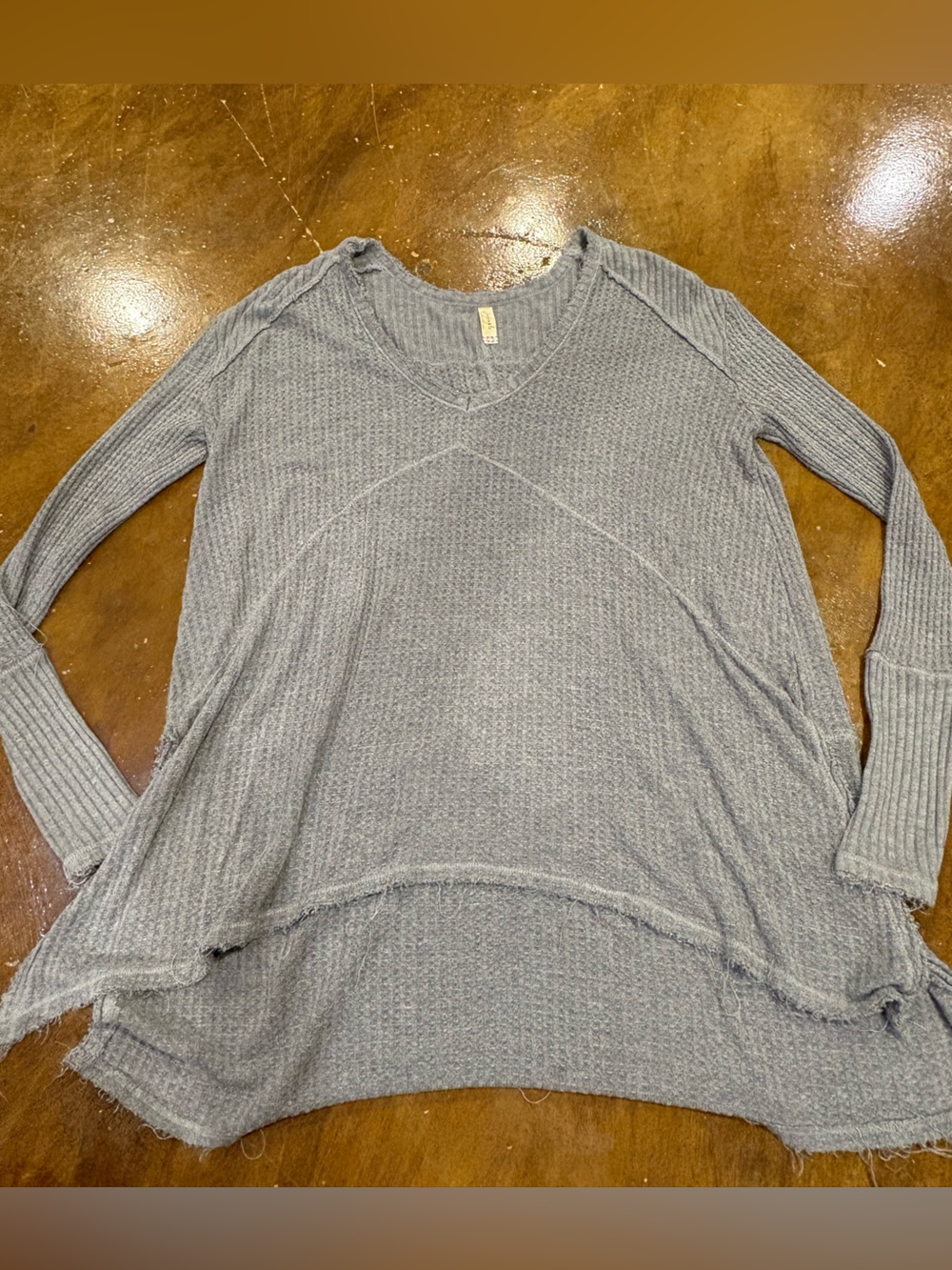 Free People Gray Ribbed V-Neck Long Sleeve Top
